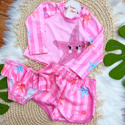 Linha Praia 3 Peças - Blusa Manga Longa Estrela do Mar, Short e Calcinha com Proteção UV50+ - Rosa